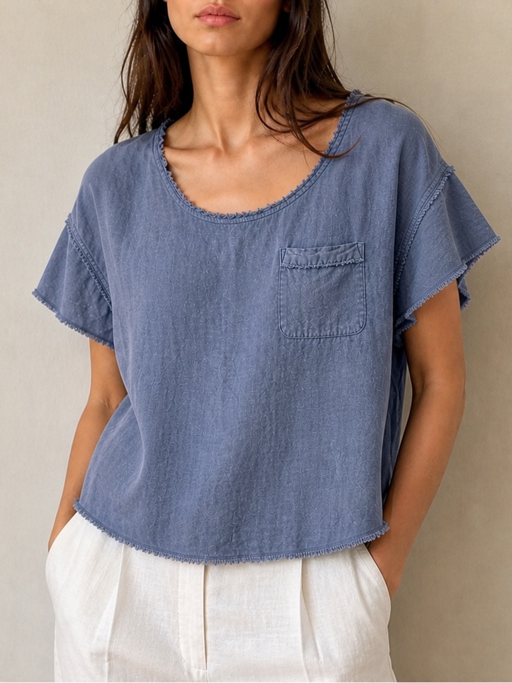 ANTHROPOLOGIE Pure + Good Linen Blend Raw Edge Pocket Top XS